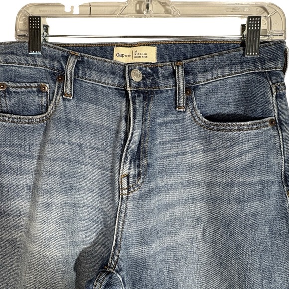 GAP Classic Blue Women 27 High Rise Wide-Leg Jeans 100% Cotton Boho Frayed Hem - Picture 4 of 7